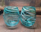2 Stemless Wine Glasses Hand Blown Turquoise White & Gold Swirl