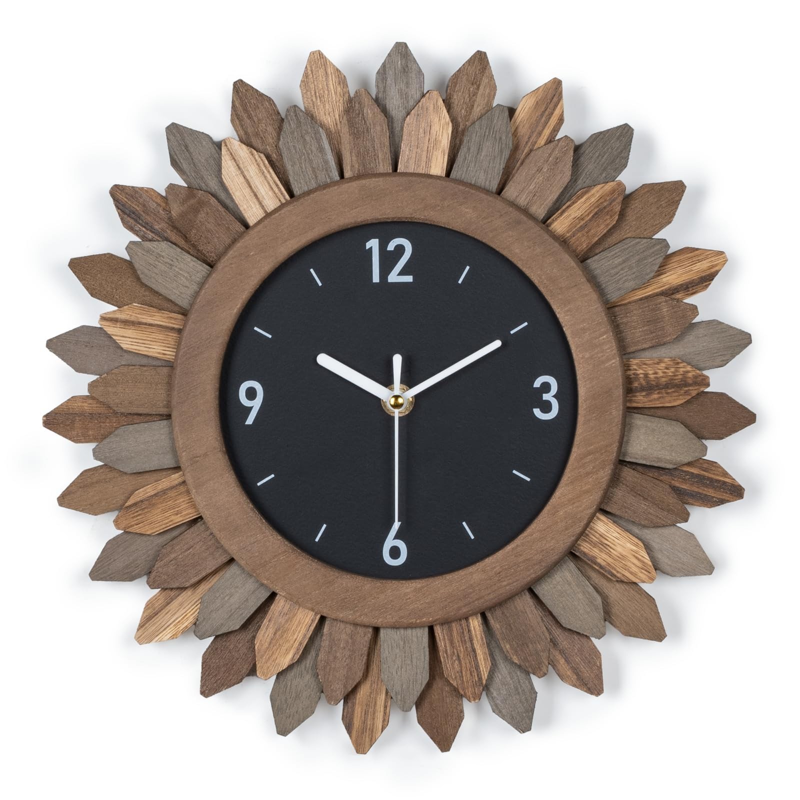 Wall Clock 12 in Rustic Wood Boho Sunburst Battery Operated - Silent Non