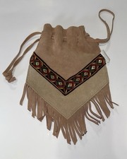 Western Style Tan Genuine Suede Leather Boho Drawstring Pouch Bag Fringe