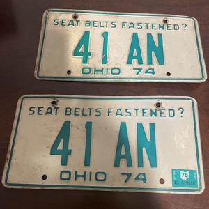 41 AN Vintage Ohio License Plate Pair 1974 Seat Belts Fastened Green White 41 AN