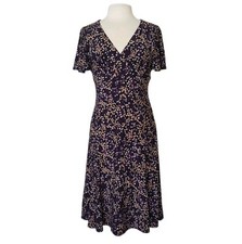 Chaps Flutter Sleeve V Neck Fit & Flare Dress Size M Black Purple Tan Jersey 