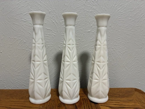 White Opaque Milk Glass Single Bud 9" Tapered Vase Wedding Decor Vtg Set of 3