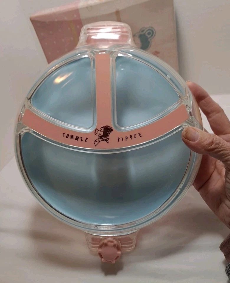 复古蹒跚学步的盘子 婴儿喂熊 Tommee Tippee 粉红色 蓝色 1950 年食物加热器 — 第 2/4 张图片
