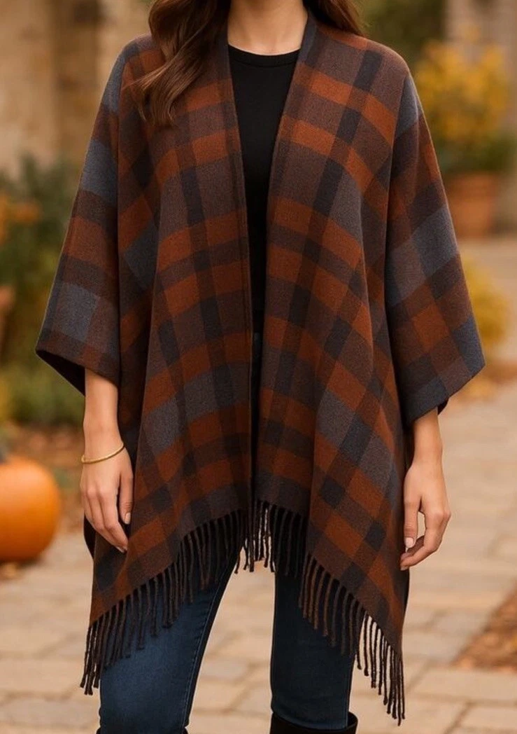 Soft Surroundings Ruana Wrap Poncho Sweater One Size Plaid