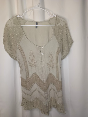 Sacred Threads Womens Forest Fairy Top Free OS Green Embroidered Ethereal Boho