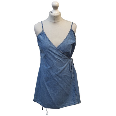 Kurzes Denim-Kleid Nerz rosa V-Ausschnitt Wickeloptik blau Damen UK Größe M