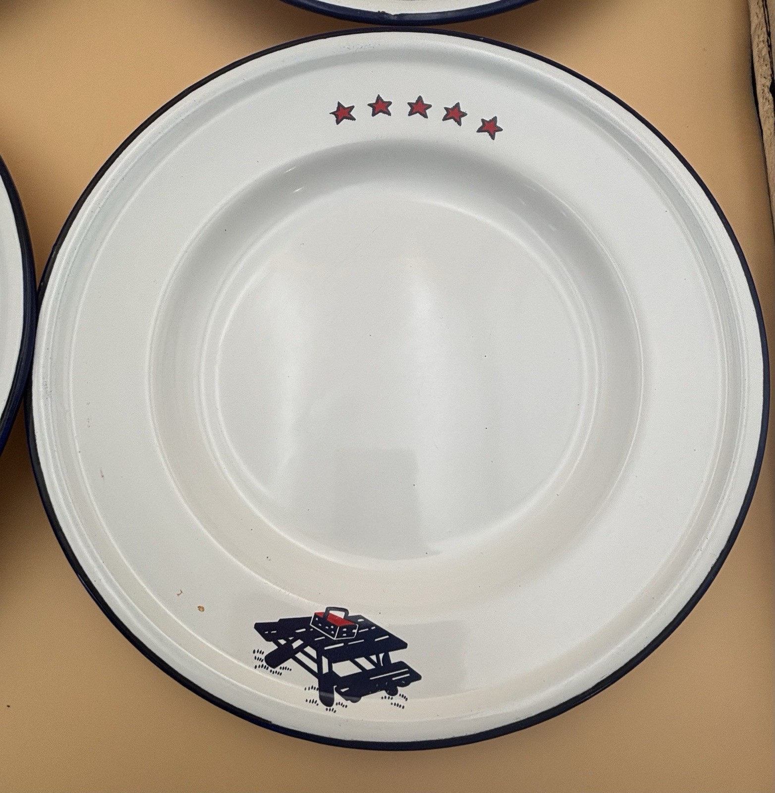 Vintage 1960s Taipro Blue Enamelware Plates Set of 4 Picnic Table Stars American