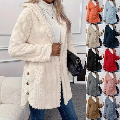 Damen Teddybär Fleece Fell flauschig Kapuze Mantel Jacke Knopf Cardigan Übergröße