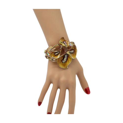 New Women Gold Metal Lily Brown Flower Wrist Cuff Bracelet Bling Fashion Jewelry - Picture 13 of 24