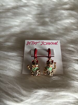 Authentic Betsey Johnson Japanese Lucky Cat Red Gold Huggie