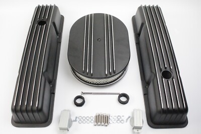 58-86 SBC Chevy 350 Black Aluminum Tall Retro Finned Valve Covers+12''Air Cleaner