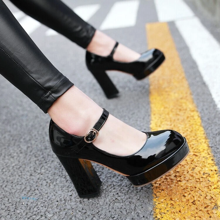 Patent Leather Mary Jane Women Block Heel Platform Ankle Strap Shoes Formal  Pump