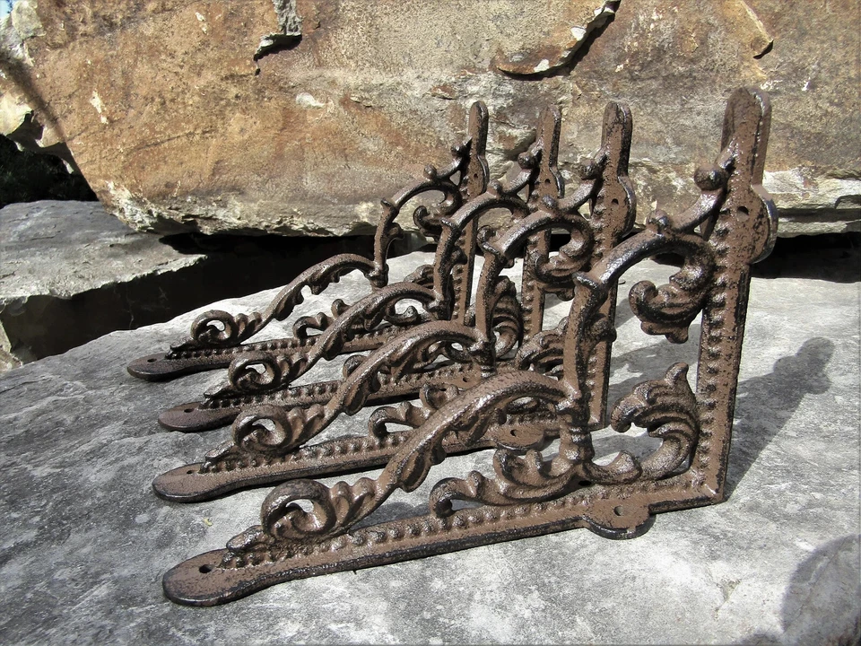 Juego de 4 soportes de estante de hoja de hierro fundido marrón oscuro 5,5" x 7,5" pequeños rústicos Foto 2 de 4