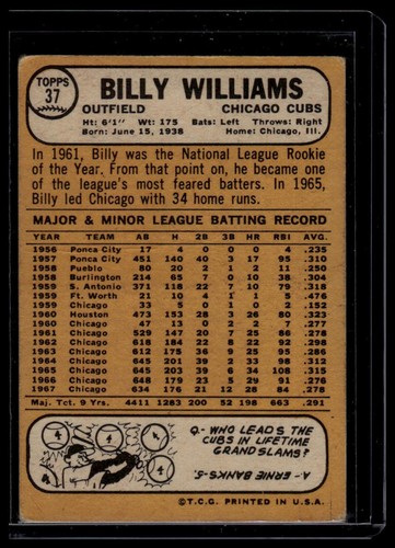 1968 Topps Billy Williams #37 - Picture 2 of 2