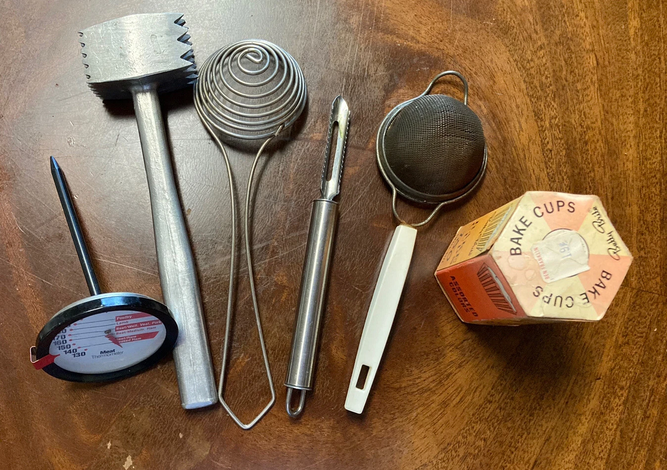 Vintage Meat Hammer, Egg Separator, Peeler, Thermometer, Baking Cups, & Sifter