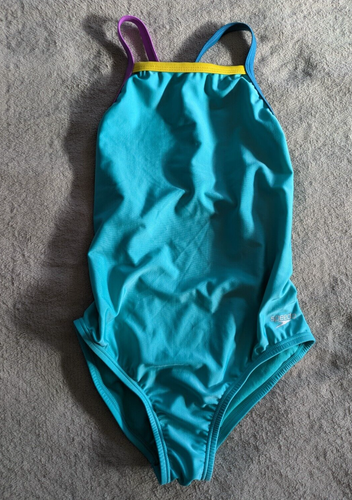 SPEEDO One Piece Swimsuit Girls Youth 14 L Teal Turquoise Green Yellow Purple