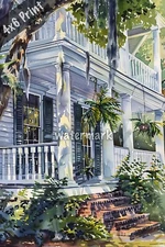 Colonial home with hanging plants watercolor Art 4x6 Print