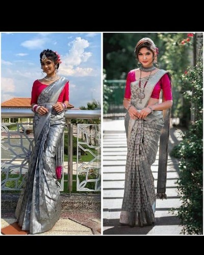 Indian Grey Soft Lichi Silk Bengali Saree With Beautiful Blouse By Aadatexport - Picture 6 of 7