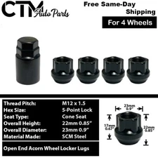 4x Black 12x1.5 Open End Anti-Theft Wheel Lock Lug Nut Set+Key Fit Honda Acura