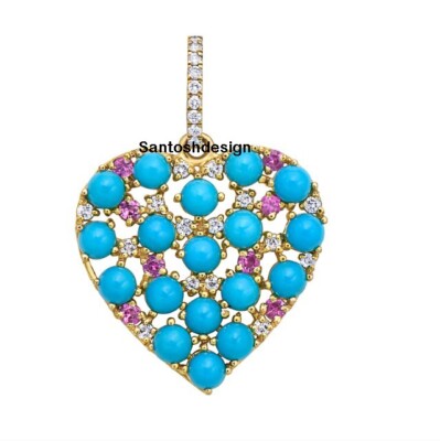 Beautiful Heart Diamond Turquiose Ruby 925 Sterling Silver Charm Pendant Jewelry