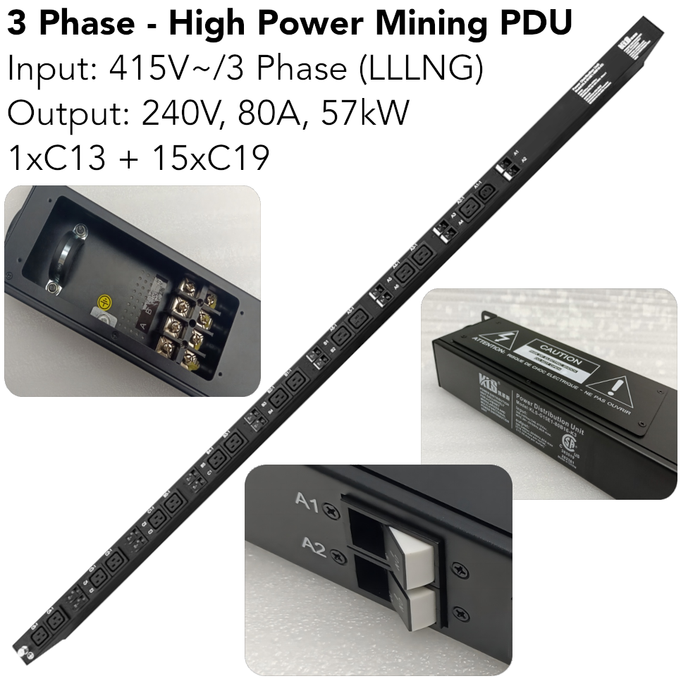 ASIC Crypto Mining PDU 415V 3 Phase LLLNG 1xC13 15xC19 Output 240V 80A 57kW