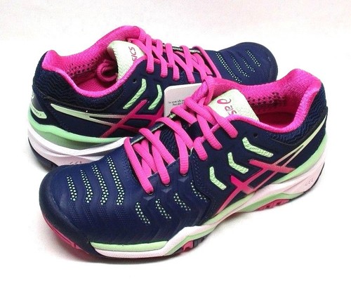 Zapato de tenis para mujer Asics resolución gel 7 azul índigo/rosa brillante/verde paraíso. - Imagen 10 de 10