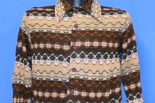 vtg 70s BROWN BEIGE STRIPED GEOMETRIC KNIT BIG COLLAR MEN'S BUTTON DOWN SHIRT M