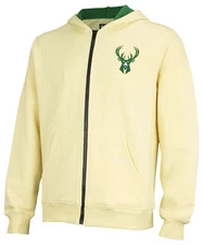 FISLL NBA Men's Milwaukee Bucks Fleece Zip Up Hoodie, Cream
