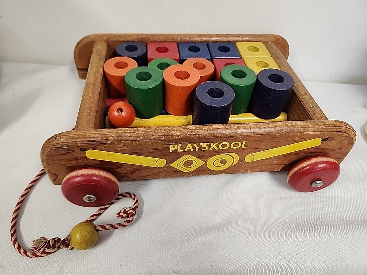VINTAGE Playskool Wooden Pull Toy Wagon Filled With Blocks & Rods