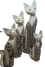 Vintage Wooden Cats Set Figurines Handmade And Painted Carvings