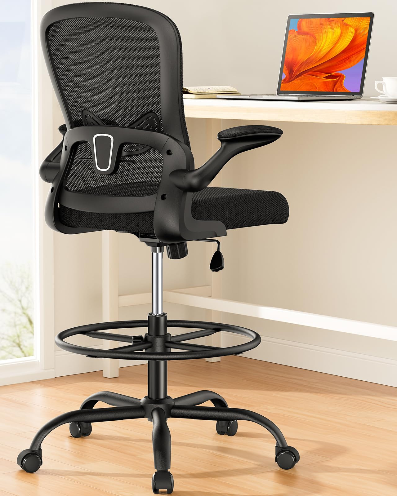 Drafting Chair with Flip-Up Armrests for Standing Desks and High Workstations