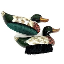 Vintage Hand Painted Wooden Mallard Duck Boot Brushes Shoe Shine Set Of 2 Pair