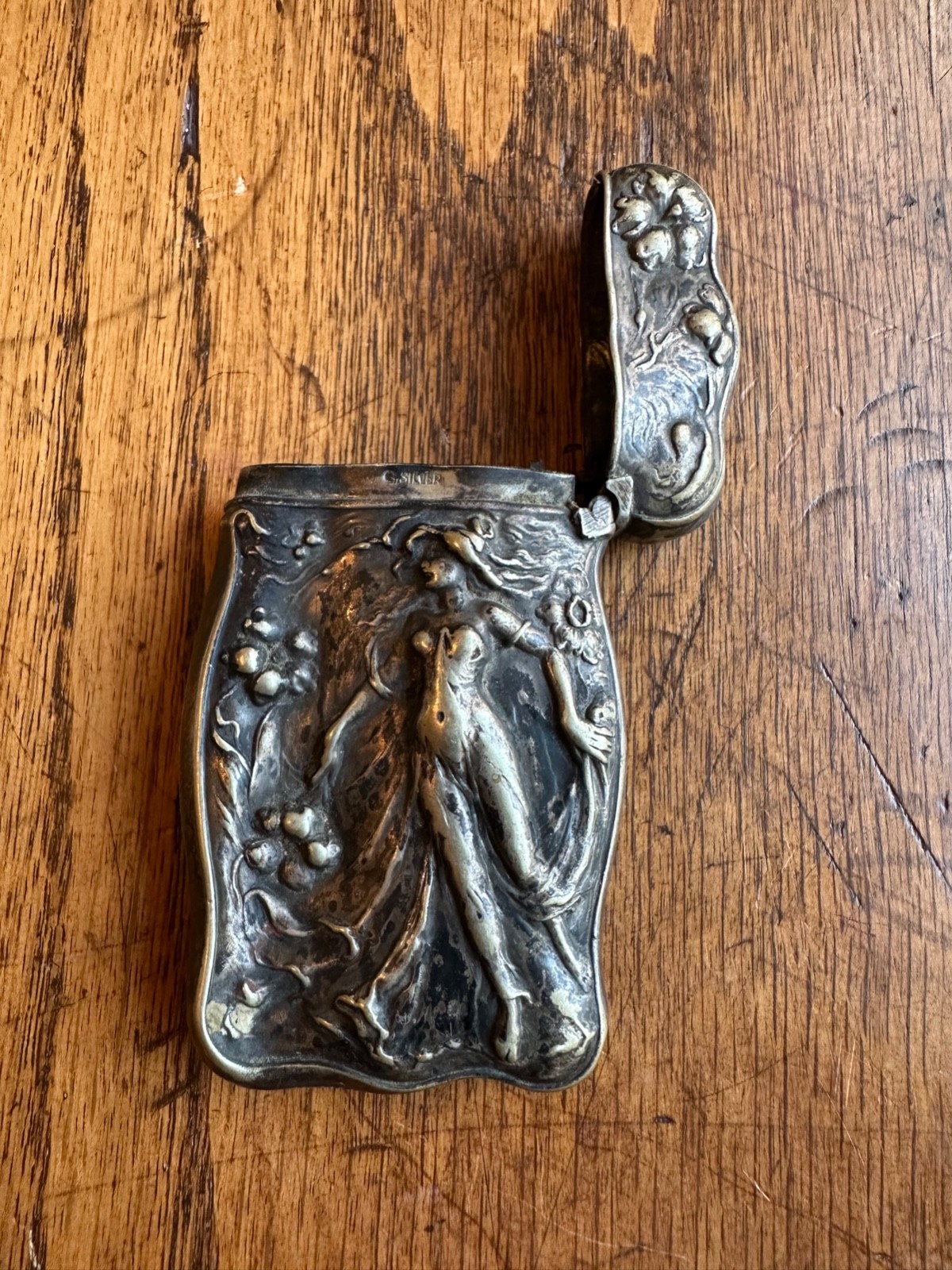 Antique 1890s Silver Plate Art Nouveau Match Safe Vesta Case, Lady Repousse