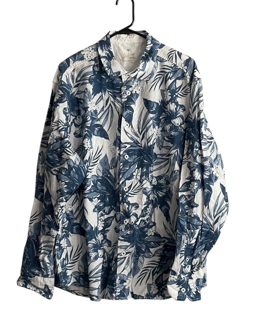 Hawaiian Floral Linen Blend Long Sleeve Shirt Paradise Collection Size XL