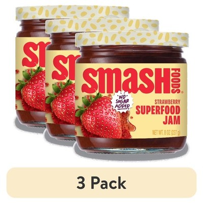 (3 pack) Smash Foods, Strawberry Jam, No Sugar Added, Low-Calorie, Vegan (1 Jar)