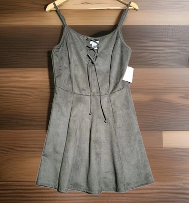 *New WILD MOSS Dress Women Large Mini Flare Western Front Tie Green Faux Suade