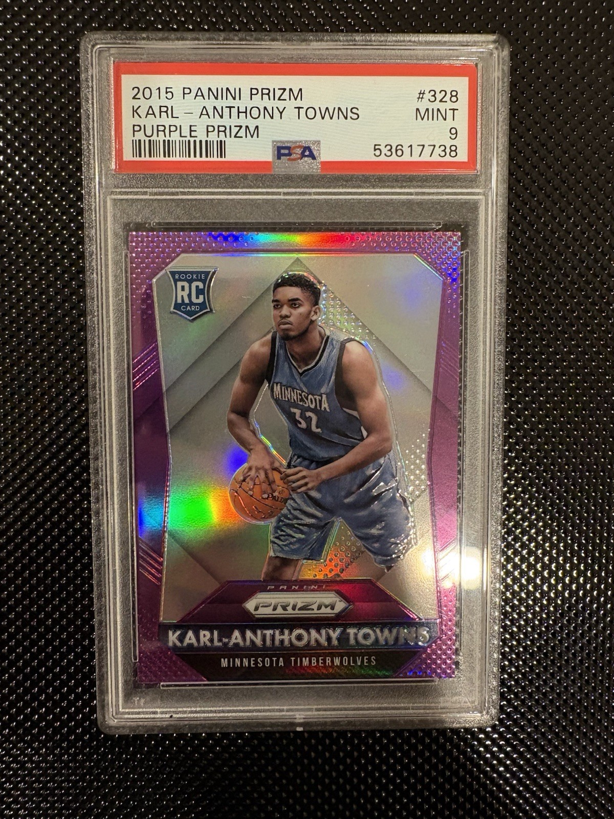 2015-16 Panini Prizm Rookies Karl-Anthony Towns Purple/99 PSA 9