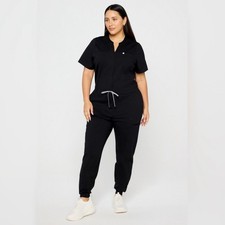 Fabletics   Black Empower Scrub 2X Jumpsuit Short Sleeve V Neck Jogger Style