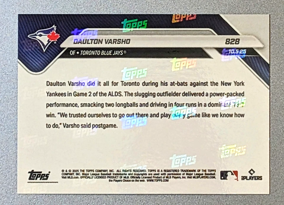 Daulton Varsho 2025 Topps NOW #828 ALDS Black Foil 2-HR 4-RBI Statement 04/10 - Image 2 of 2