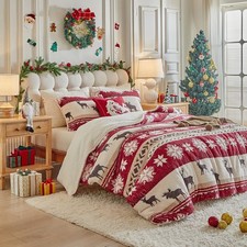 Christmas Sherpa Comforter Set Queen Size 3 Pieces Red Stripes Cream Snowflak...