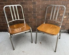 Vintage Antique 1940s Steel/Wood Navy Chair Set of 2 - MCM Midcentury Like Emeco
