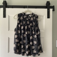 Joie Black, Cream, Gray Floral Chiffon Smocked Sleeveless Blouse Top Women s XL