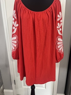 Talbots Plus Embroidered Floral 3/4 Sleeves Red Blouse 2X