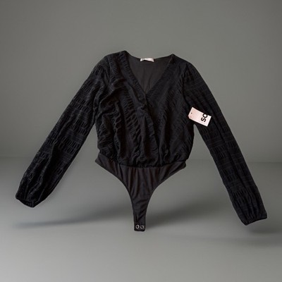 NWT - SO Black Bodysuit Sheer Balloon Sleeves Crossover Front Womens Small