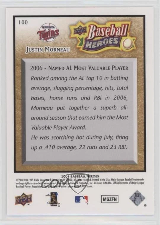 2008 Upper Deck Baseball Heroes Beige /299 Justin Morneau #100 - Image 2 of 2
