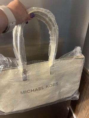 Michael Kors Logo Zip Medium Tote Bag Beige Gold Hardware Lined Double Handles