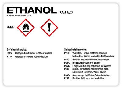 Aufkleber Kombi + Text  ETHANOL  Hinweise Gefahrensymbole GHS/CLP | laminiert