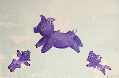 4x6 Cute Purple Flying Pigs Original Watercolor Painting by Sharon Foster