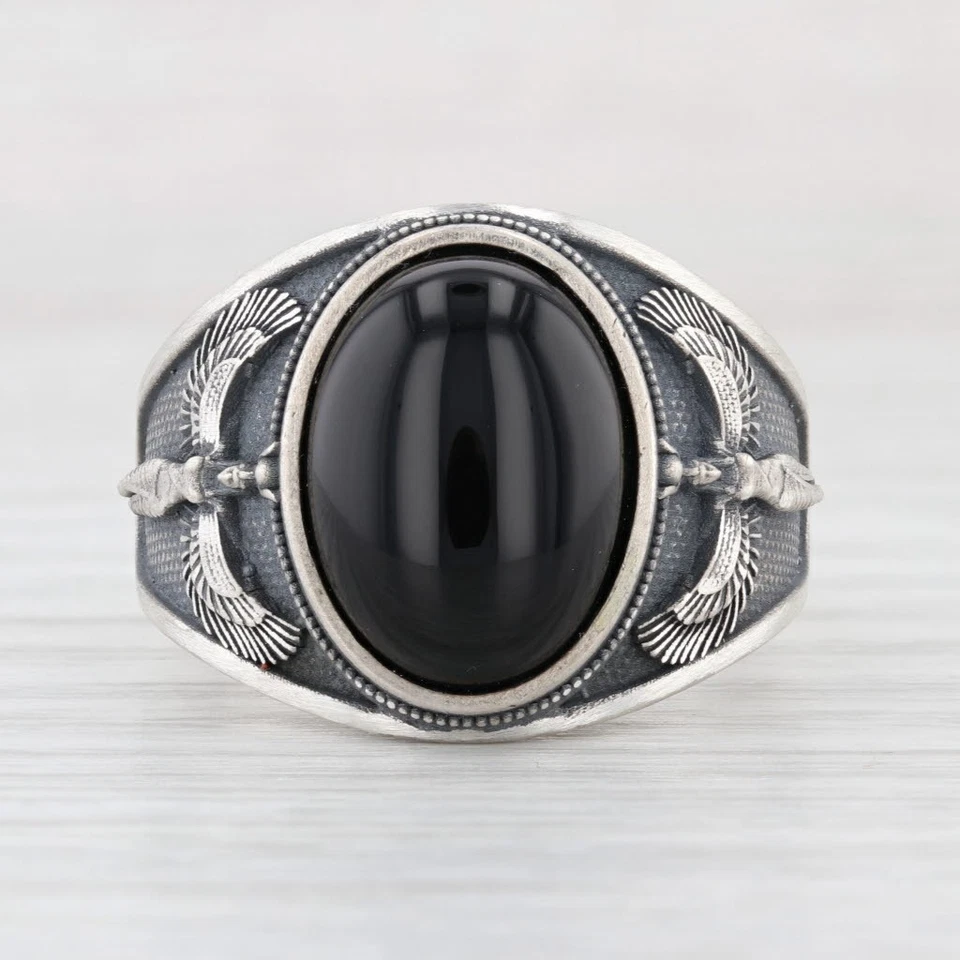 Onyx Sterling Silver Ring Size 12.5 Winged Figure Tribal Egyptian Goddess - Image 2 of 4