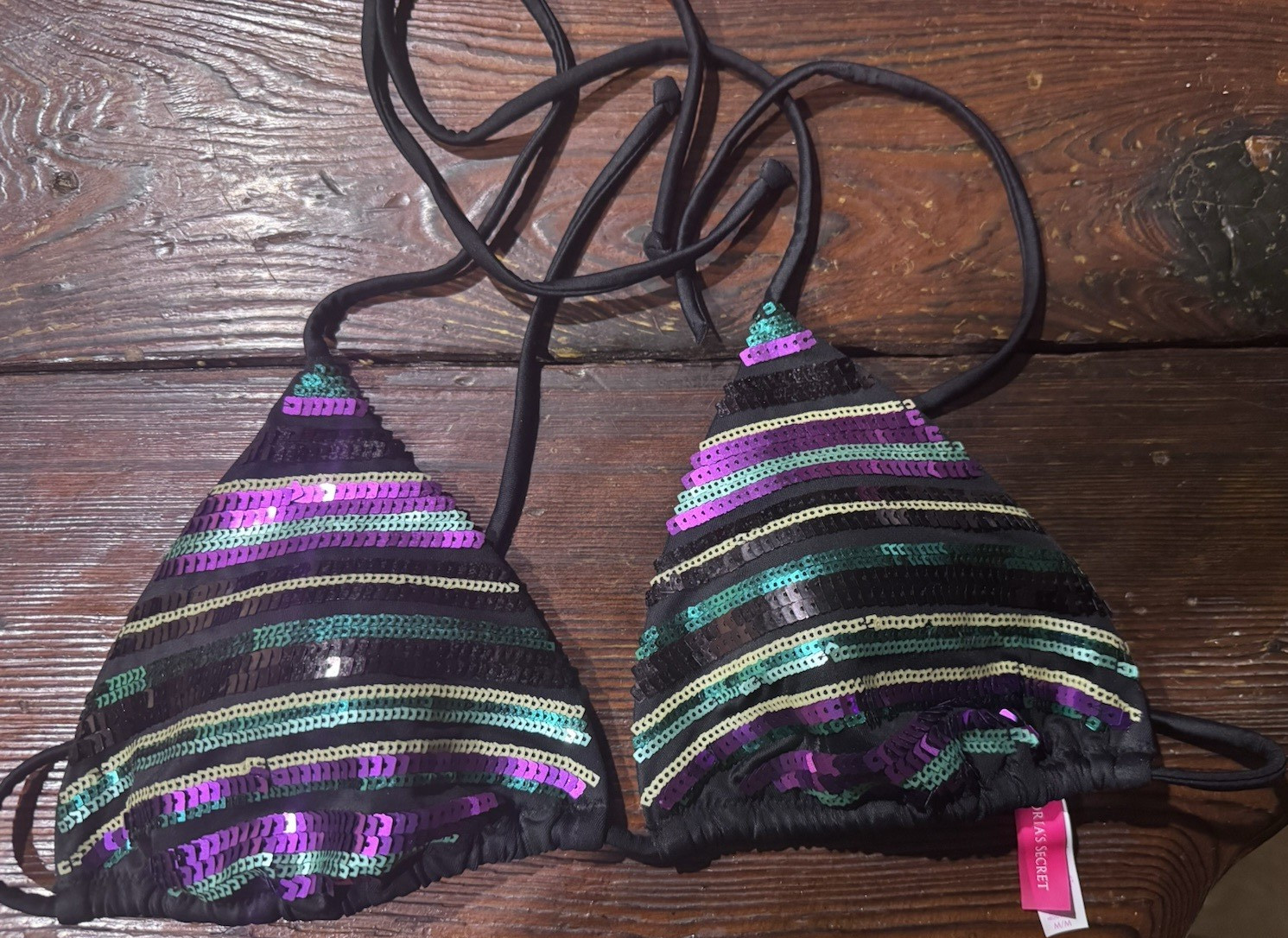 Victoria's Secret Sequin Striped Bikini Set Black Purple Green Gold Size M